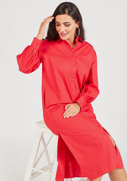 Solid Long Sleeve Shirt Dress with Slit and Pockets-Dresses-image-4
