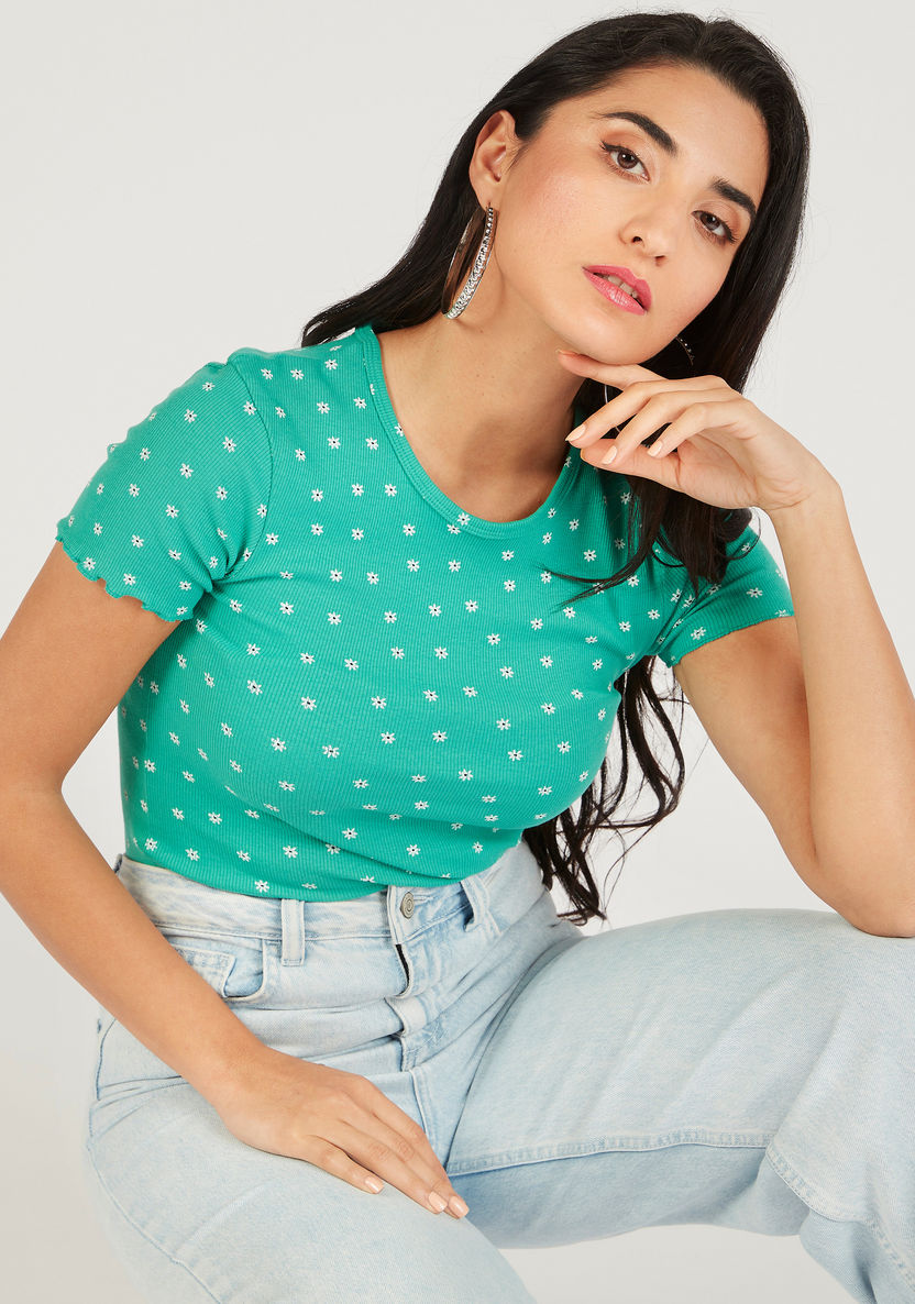 Floral Print Round Neck T-shirt with Short Sleeves-T Shirts-image-0