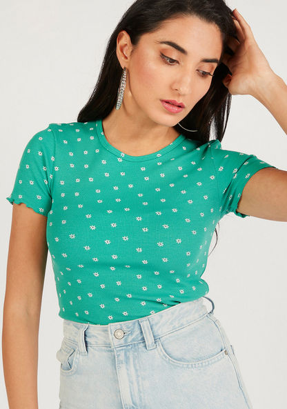 Floral Print Round Neck T-shirt with Short Sleeves-T Shirts-image-2