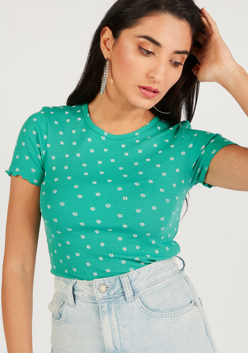 Floral Print Round Neck T-shirt with Short Sleeves-T Shirts-image-2