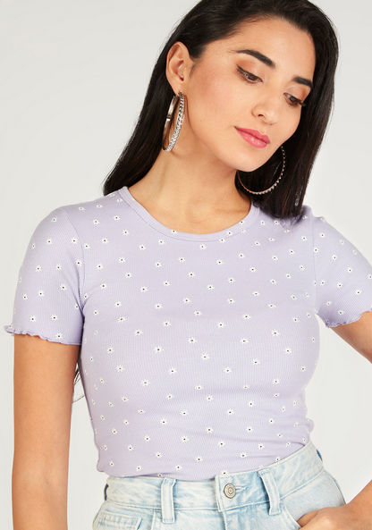 Floral Print Round Neck T-shirt with Short Sleeves-T Shirts-image-0