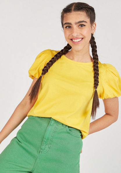 Solid Round Neck Top with Balloon Sleeves-Shirts & Blouses-image-2