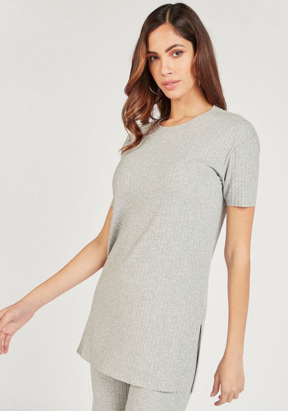 Textured Longline T-shirt with Crew Neck and Short Sleeves-T Shirts-image-4