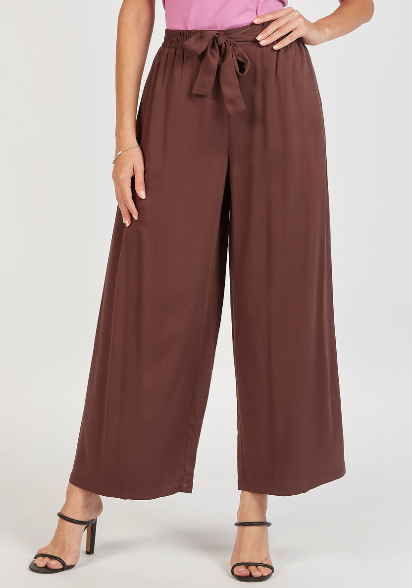 Solid Palazzo Pants with Tie-Up Detail and Pockets-Pants-image-0