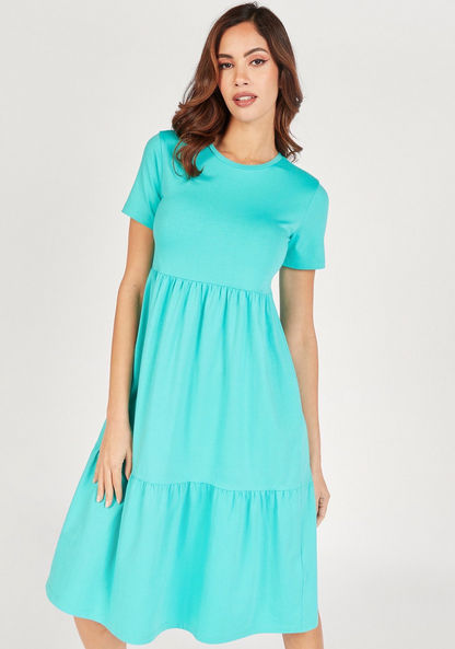 Solid Tiered Dress with Crew Neck and Short Sleeves-Dresses-image-2