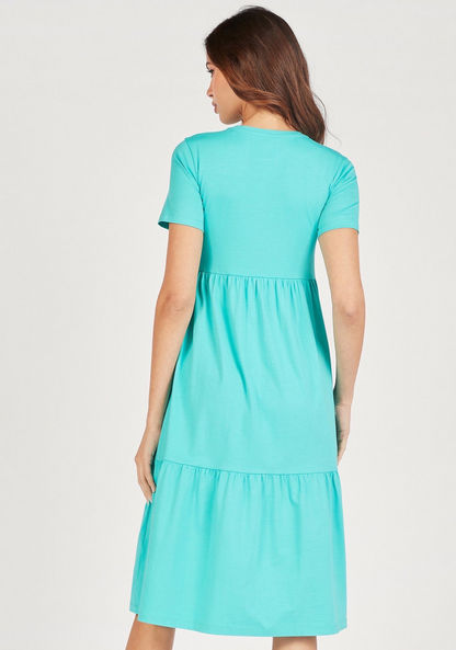 Solid Tiered Dress with Crew Neck and Short Sleeves-Dresses-image-3
