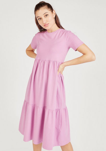 Solid Tiered Dress with Crew Neck and Short Sleeves-Dresses-image-0