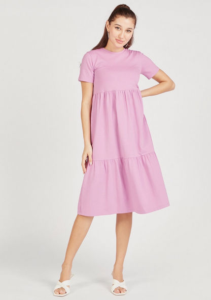 Solid Tiered Dress with Crew Neck and Short Sleeves-Dresses-image-1