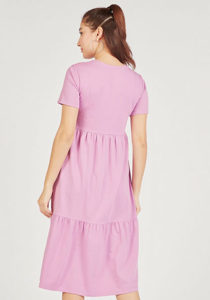 Solid Tiered Dress with Crew Neck and Short Sleeves-Dresses-image-3