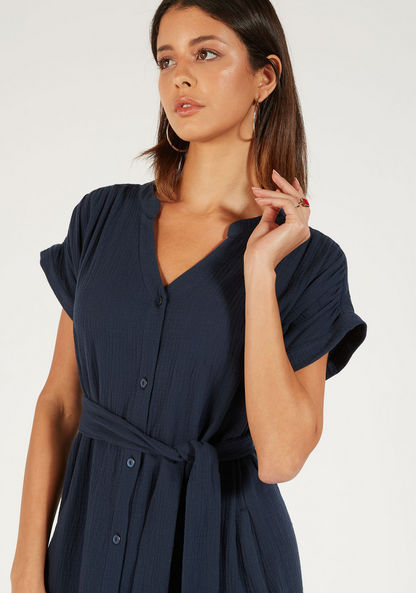 Solid Midi Dress with Button Closure and Tie-Up Detail-Dresses-image-1