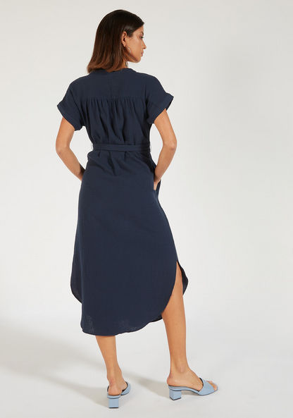 Solid Midi Dress with Button Closure and Tie-Up Detail-Dresses-image-3