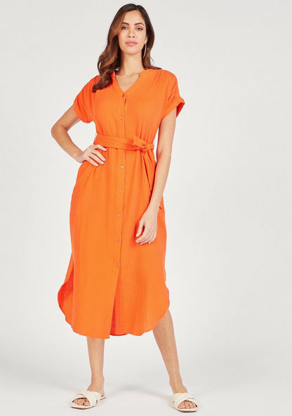 Solid Midi Dress with Button Closure and Tie-Up Detail-Dresses-image-0