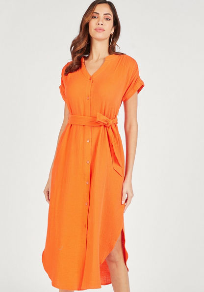 Solid Midi Dress with Button Closure and Tie-Up Detail-Dresses-image-2