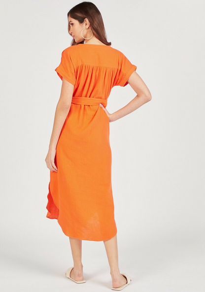 Solid Midi Dress with Button Closure and Tie-Up Detail-Dresses-image-3