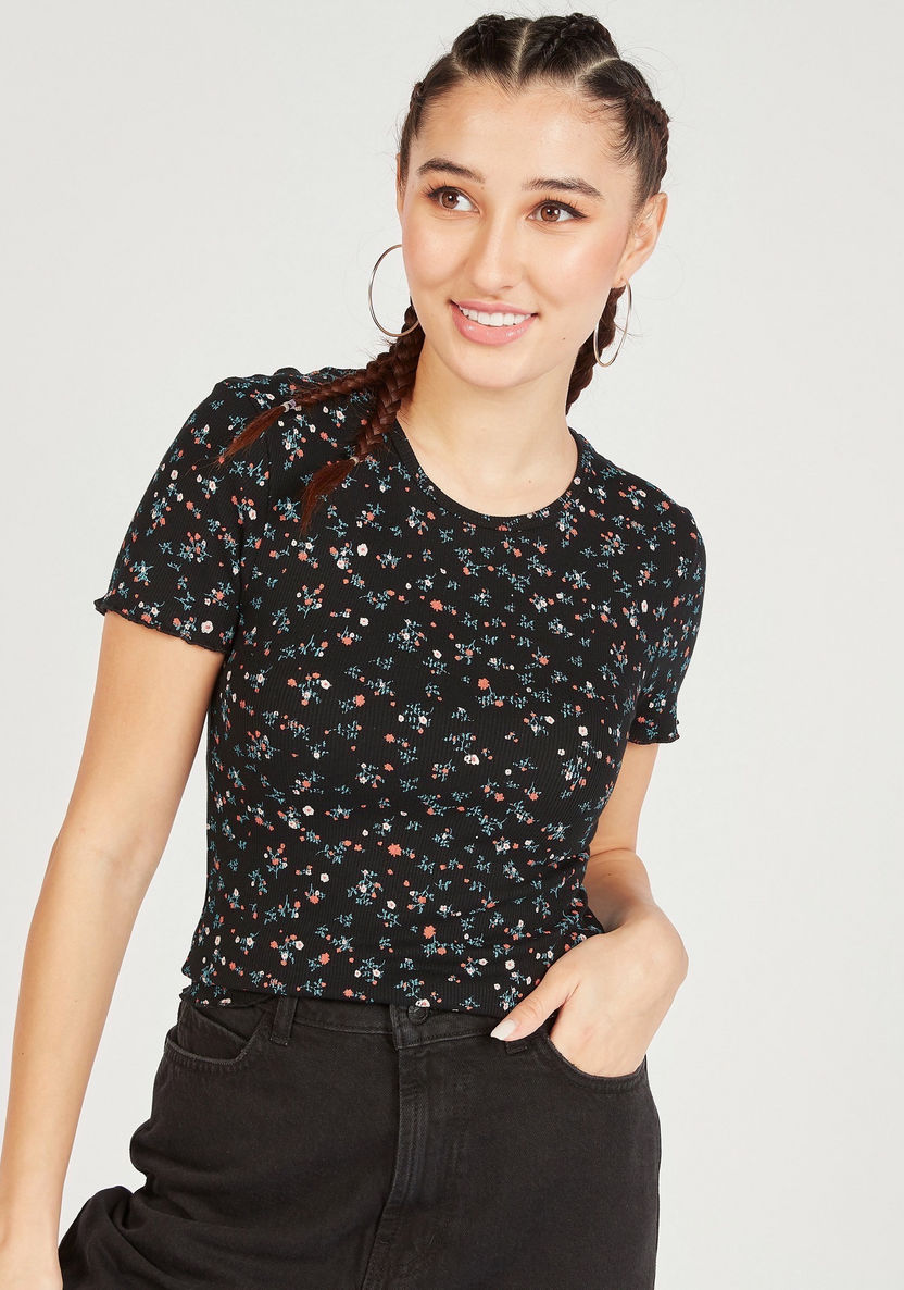 Ribbed Floral Print Round Neck T-shirt with Short Sleeves-T Shirts-image-2