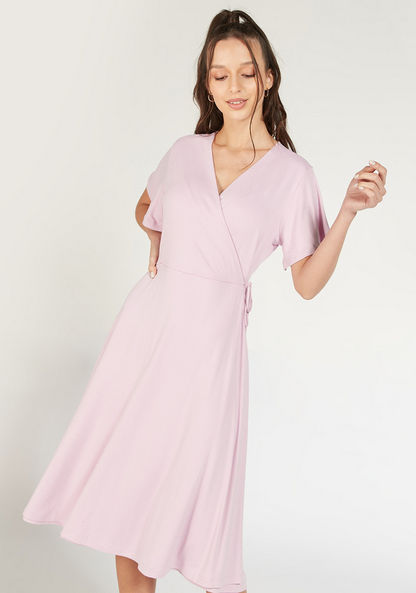 Solid Wrap Dress with Short Sleeves and Tie-Up-Dresses-image-0