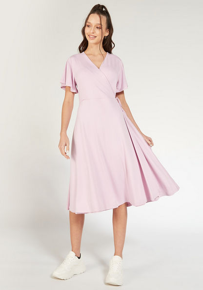 Solid Wrap Dress with Short Sleeves and Tie-Up-Dresses-image-1