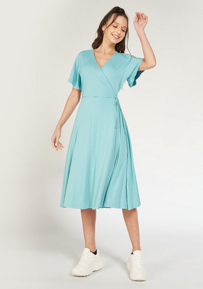 Solid Wrap Dress with Short Sleeves and Tie-Up-Dresses-image-1