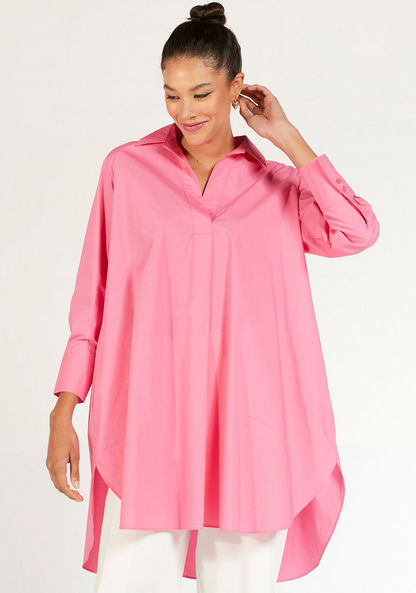Solid High Low Shirt Tunic with Button Closure and Long Sleeves-Shirts & Blouses-image-0