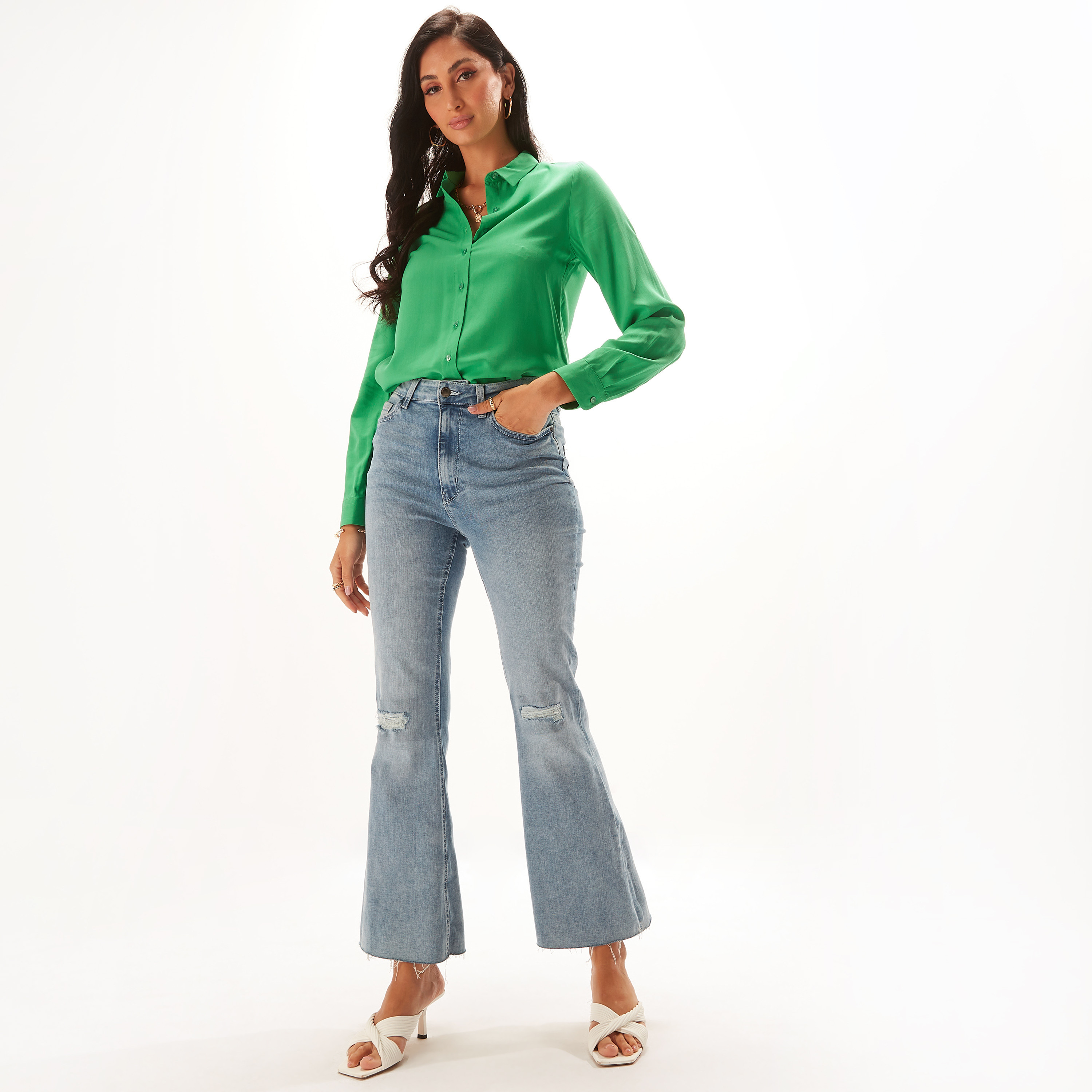 قميص سادة بأكمام طويلة وزر إغلاق-women-clothing-shirtsandblouses-shirts-image-2