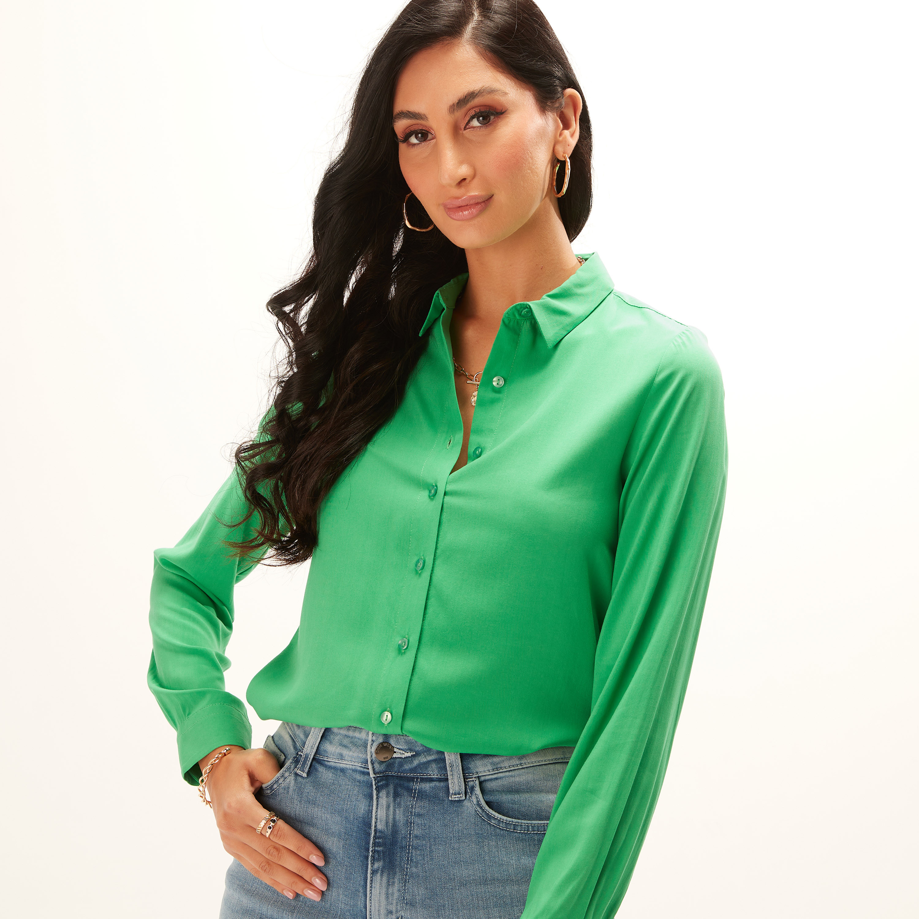 قميص سادة بأكمام طويلة وزر إغلاق-women-clothing-shirtsandblouses-shirts-image-3