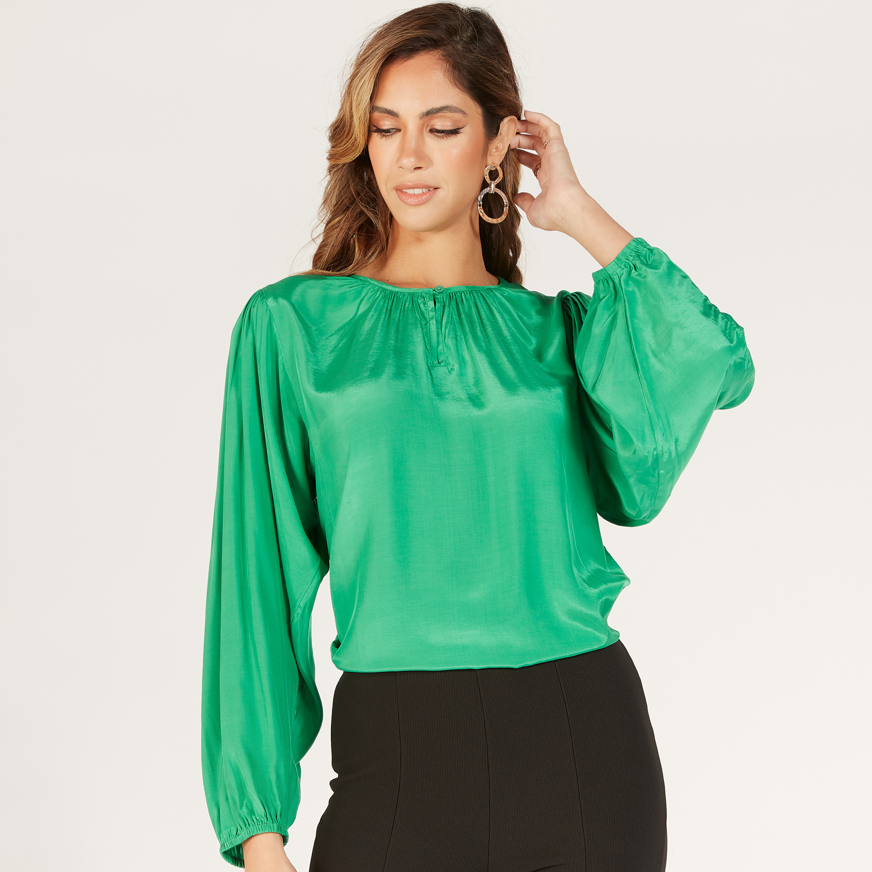 Solid Crew Neck Top and Long Sleeves-women-clothing-shirtsandblouses-blouses-image-1