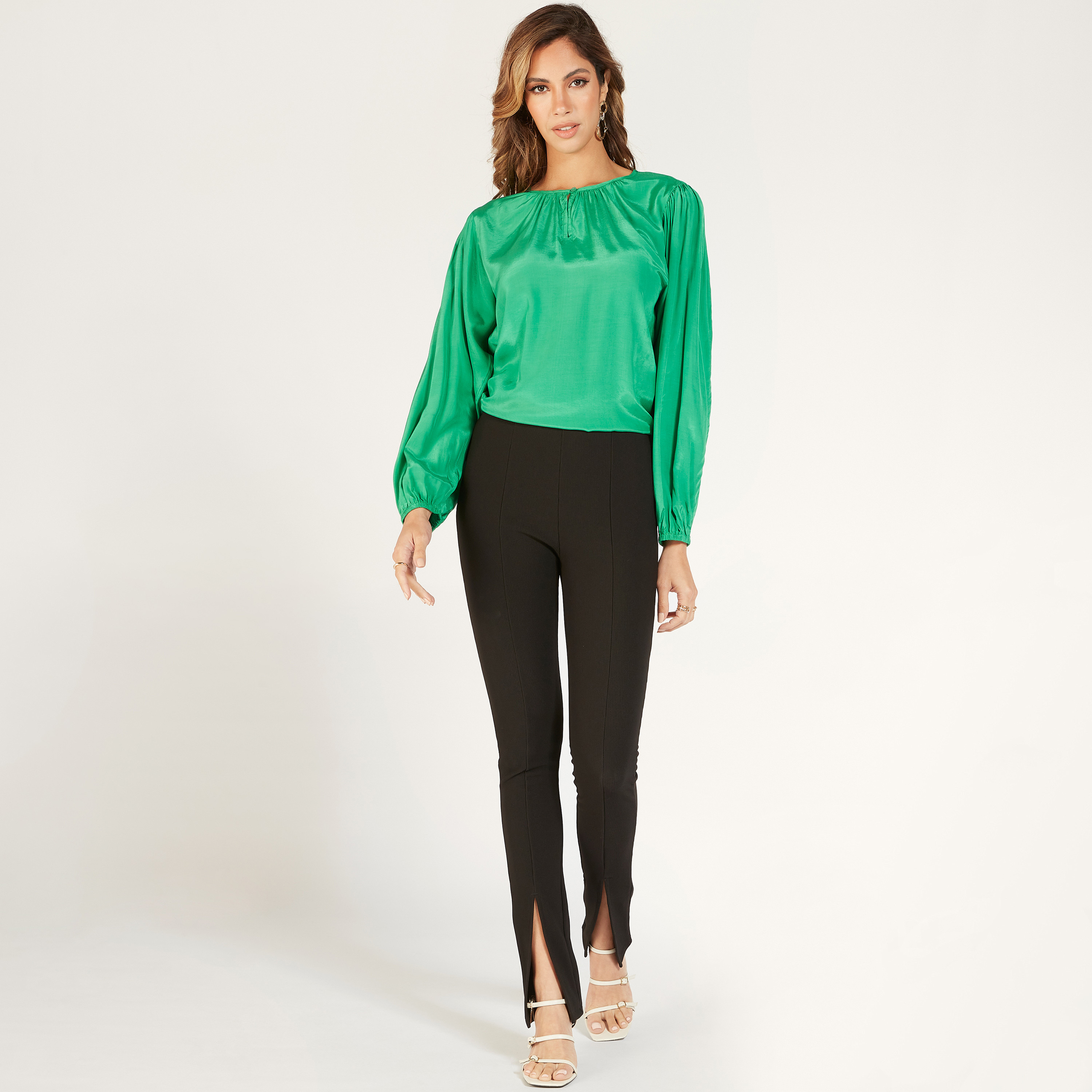 Solid Crew Neck Top and Long Sleeves-women-clothing-shirtsandblouses-blouses-image-2