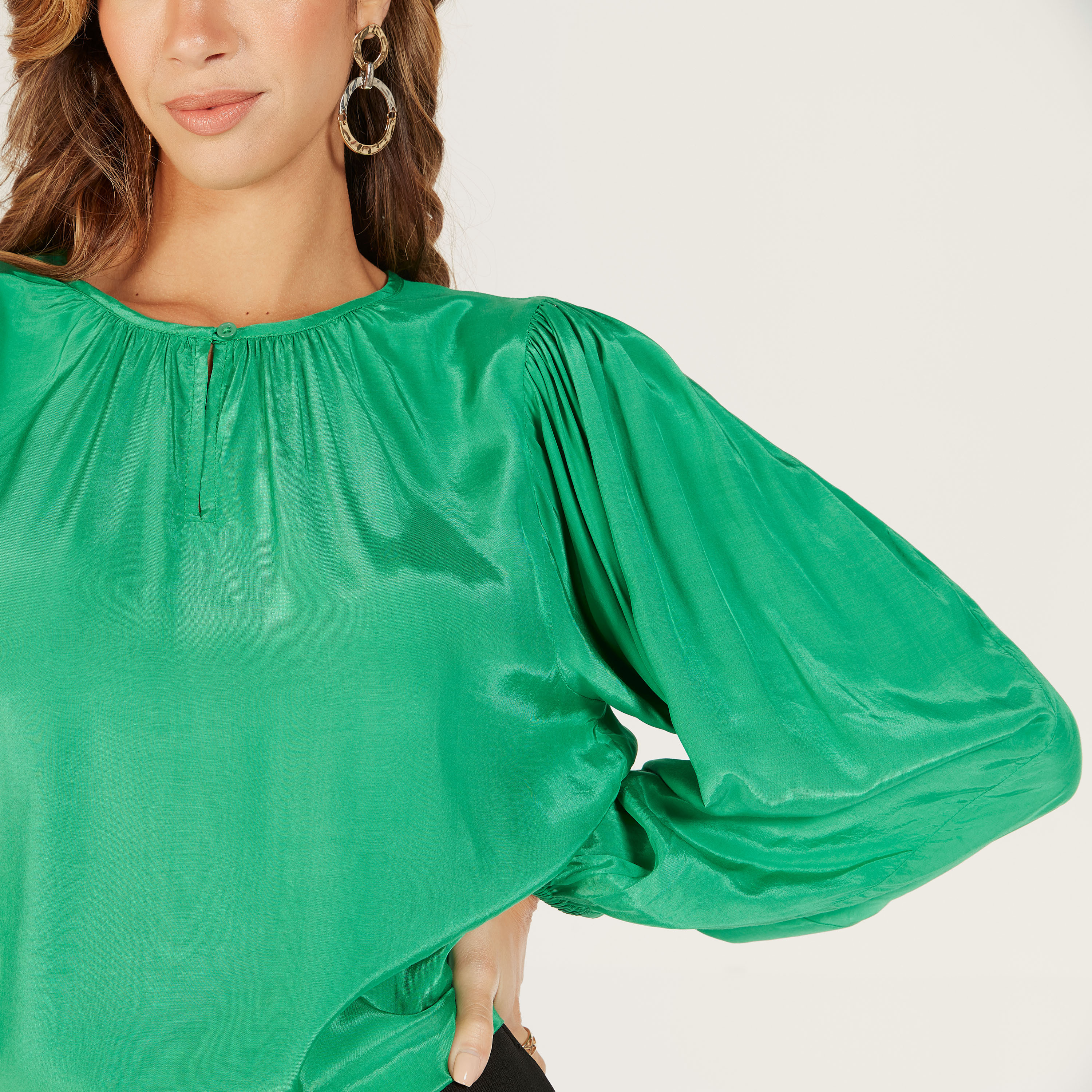 Solid Crew Neck Top and Long Sleeves-women-clothing-shirtsandblouses-blouses-image-3