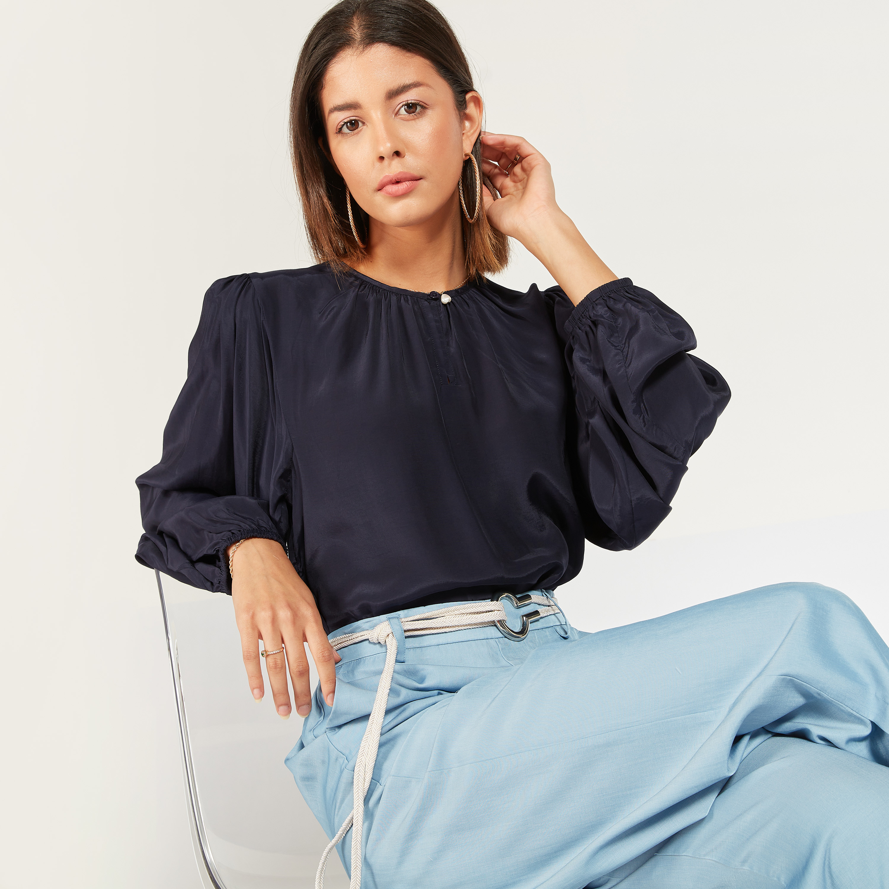Solid Crew Neck Top and Long Sleeves-women-clothing-shirtsandblouses-blouses-image-5