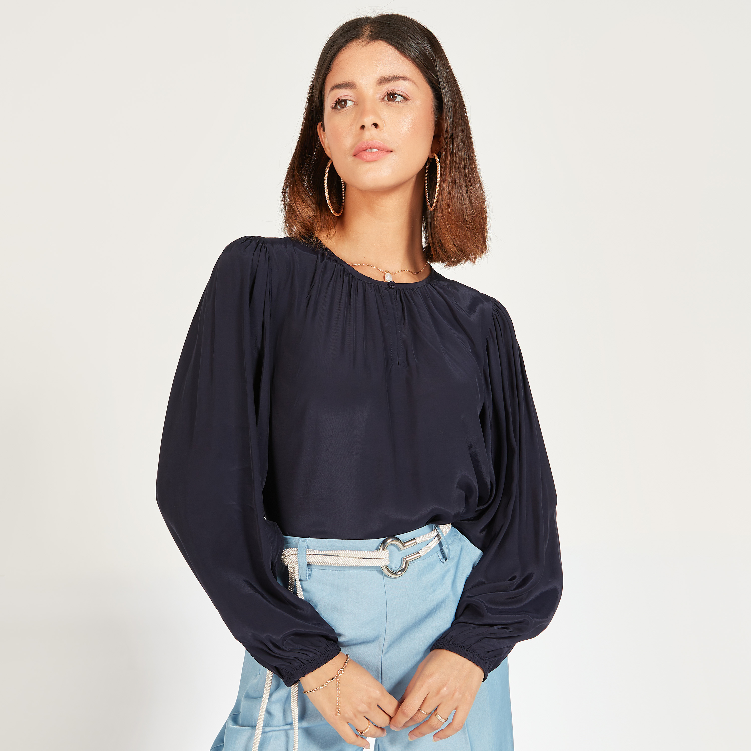 Solid Crew Neck Top and Long Sleeves-women-clothing-shirtsandblouses-blouses-image-9