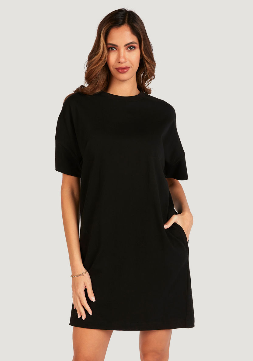 Solid Mini Crew Neck T-shirt Dress with Short Sleeves and Pockets-Dresses-image-0