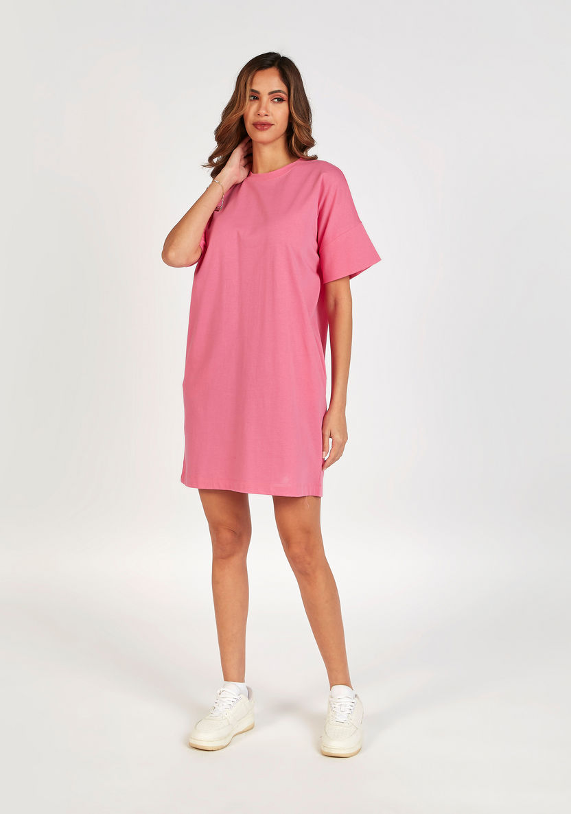 Solid Mini Crew Neck T-shirt Dress with Short Sleeves and Pockets-Dresses-image-1