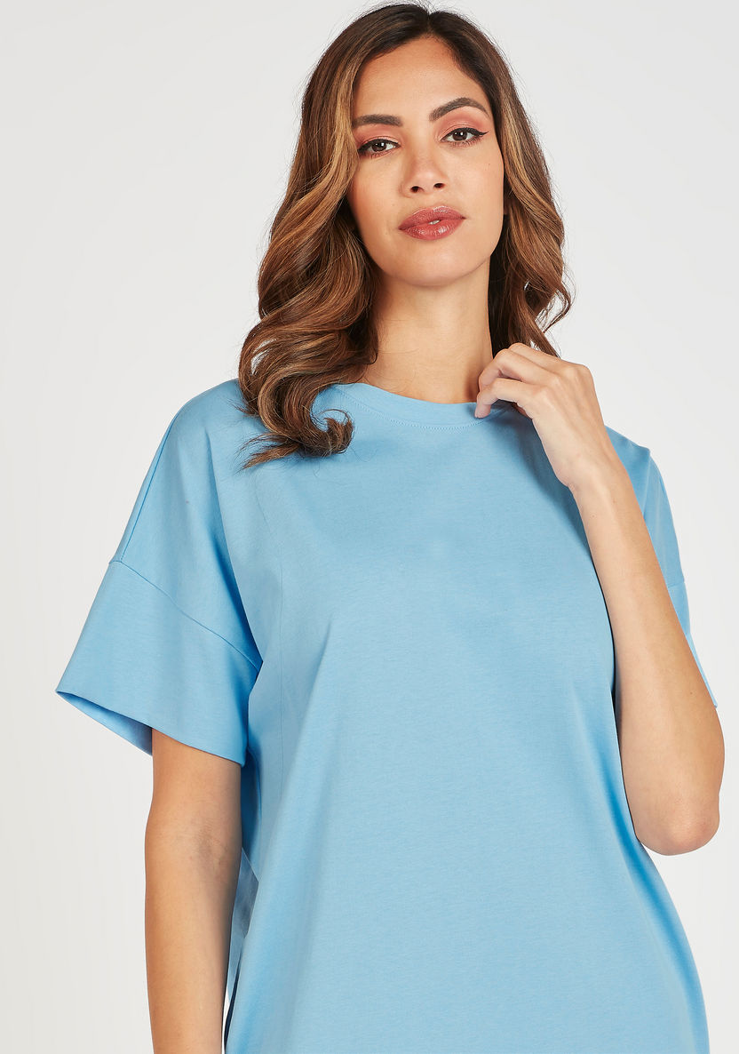 Solid Mini Crew Neck T-shirt Dress with Short Sleeves and Pockets-Dresses-image-2