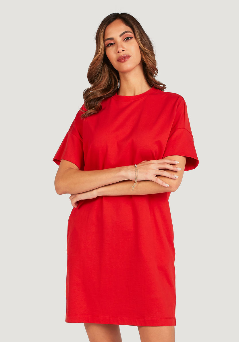 Solid Mini Crew Neck T-shirt Dress with Short Sleeves and Pockets-Dresses-image-0