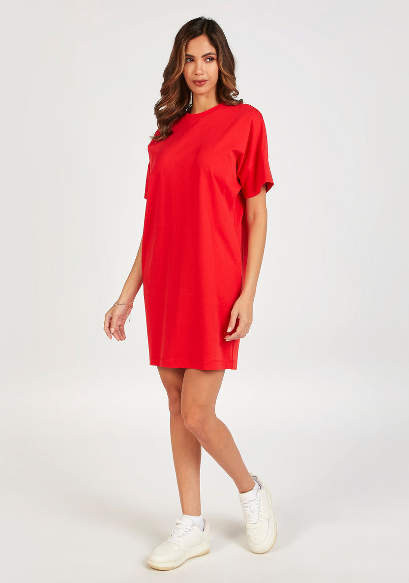Solid Mini Crew Neck T-shirt Dress with Short Sleeves and Pockets-Dresses-image-1