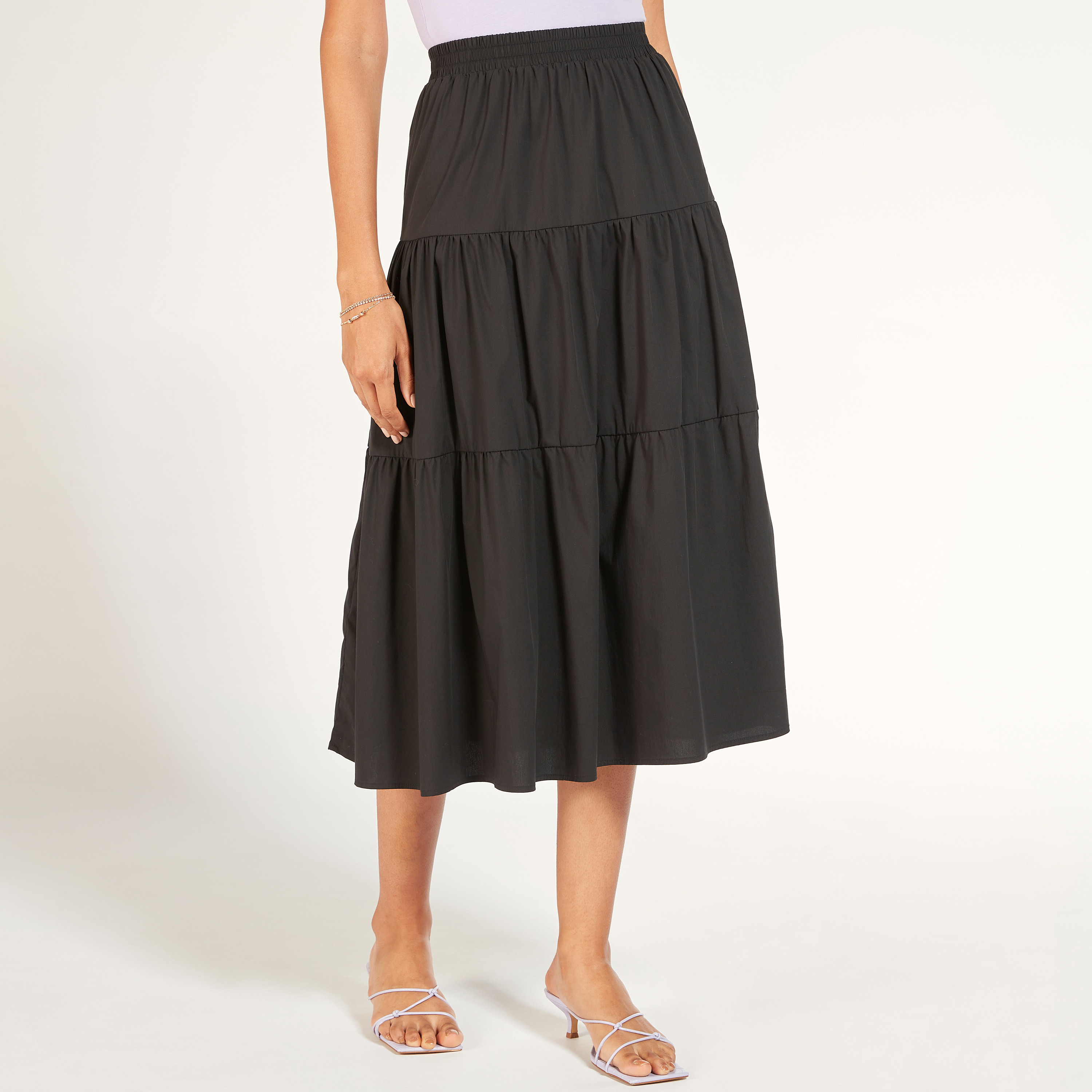 تنورة ميدي إيه لاين سادة متعددة الطبقات بخصر مطاطي-women-clothing-skirts-image-1