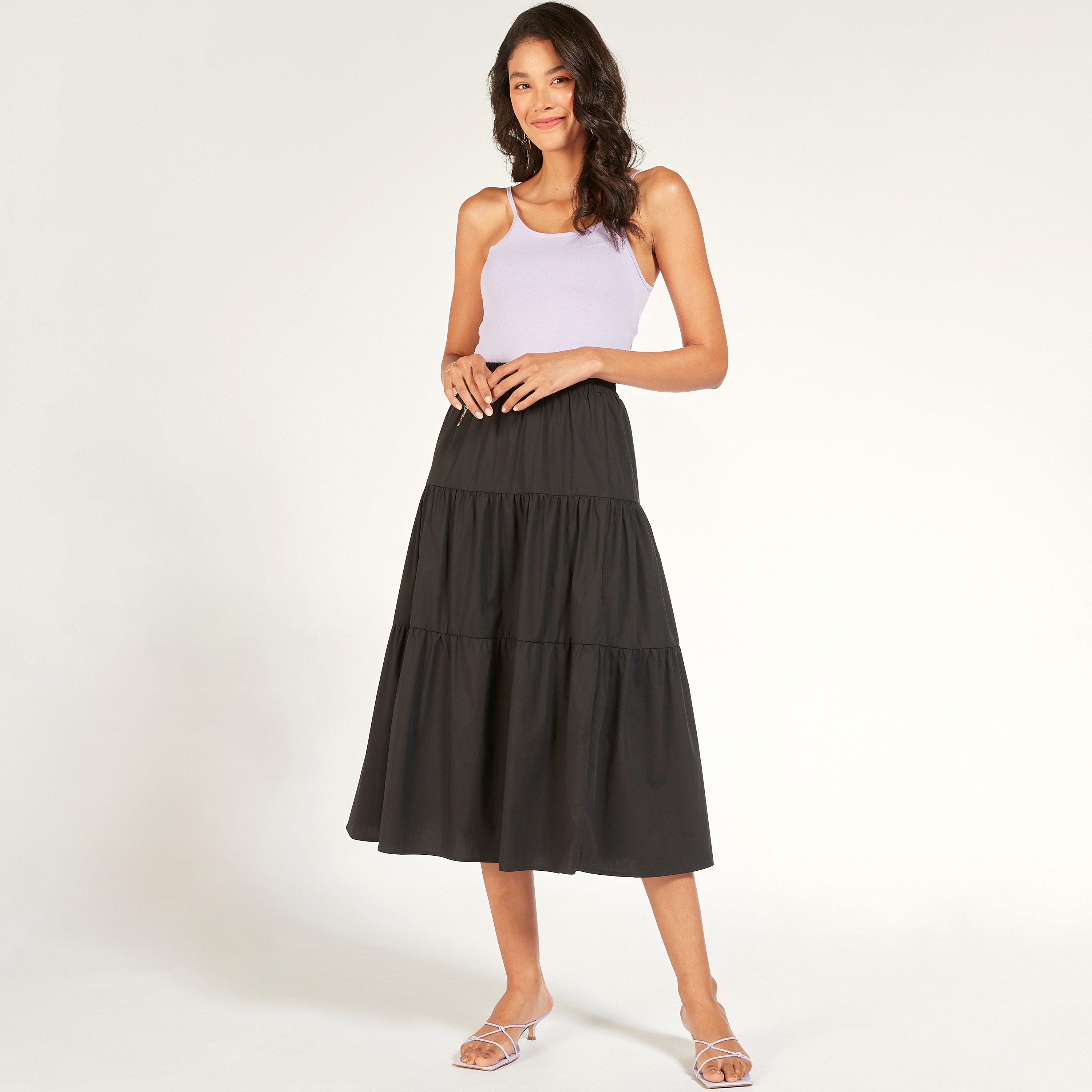 تنورة ميدي إيه لاين سادة متعددة الطبقات بخصر مطاطي-women-clothing-skirts-image-2