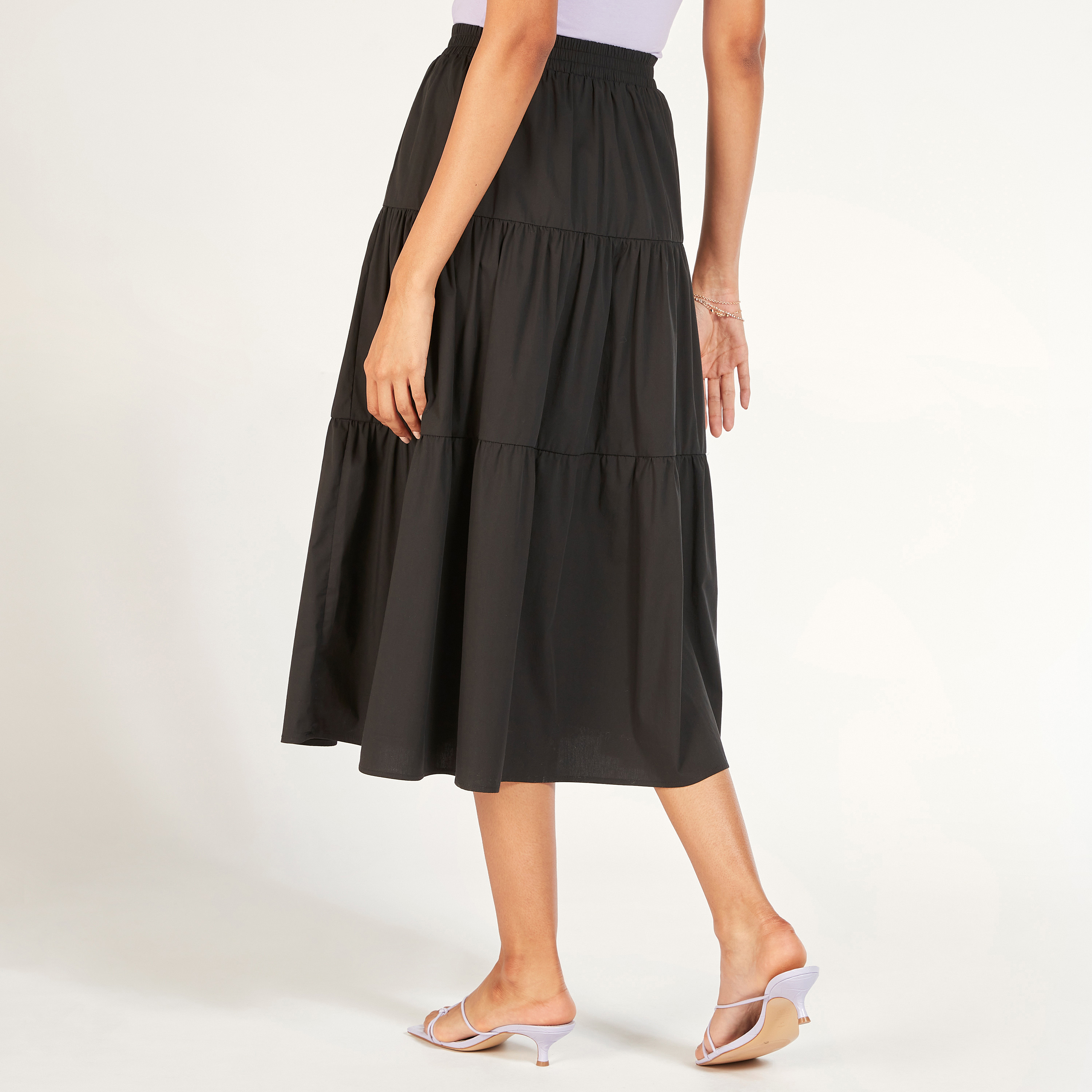 تنورة ميدي إيه لاين سادة متعددة الطبقات بخصر مطاطي-women-clothing-skirts-image-4