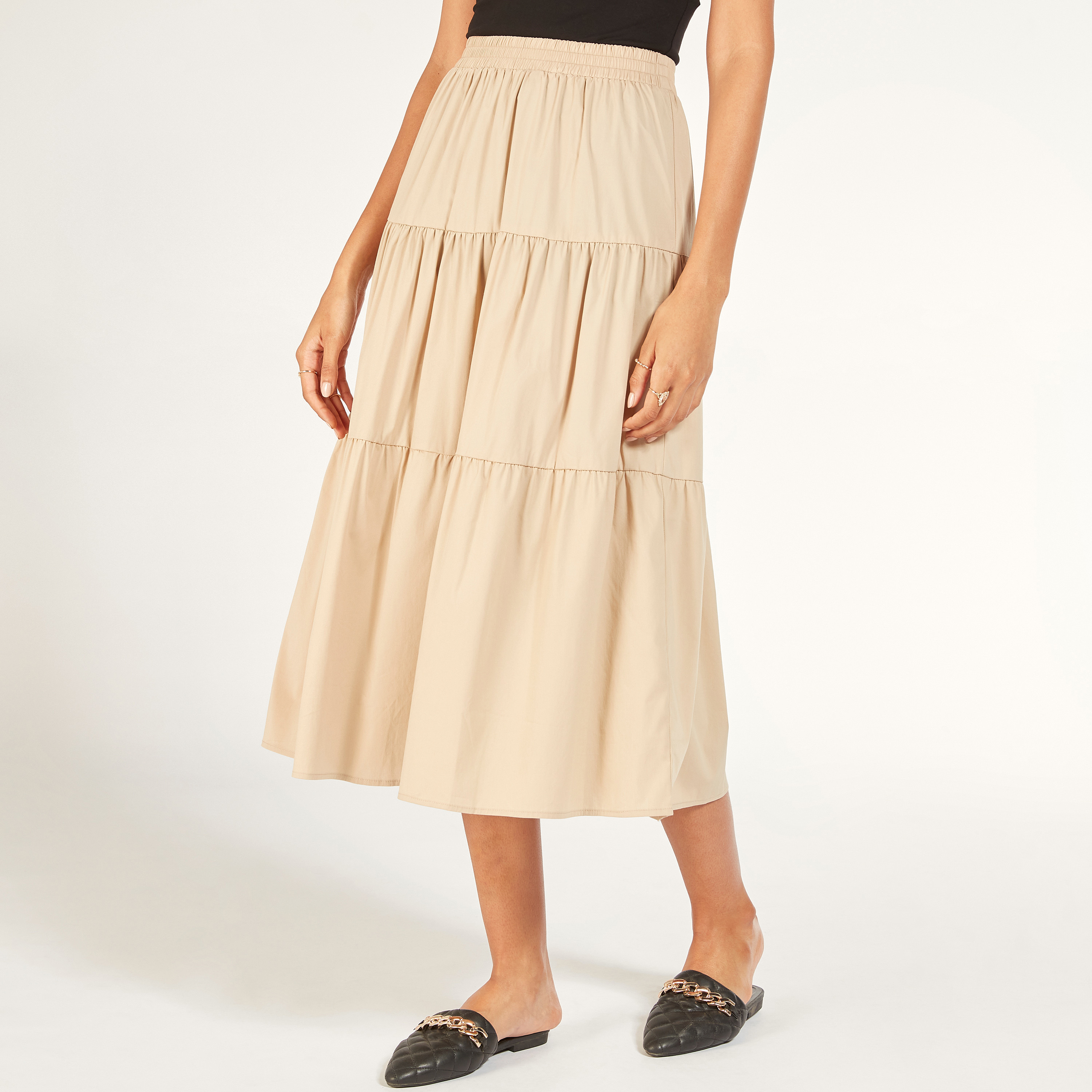 تنورة ميدي إيه لاين سادة متعددة الطبقات بخصر مطاطي-women-clothing-skirts-image-17