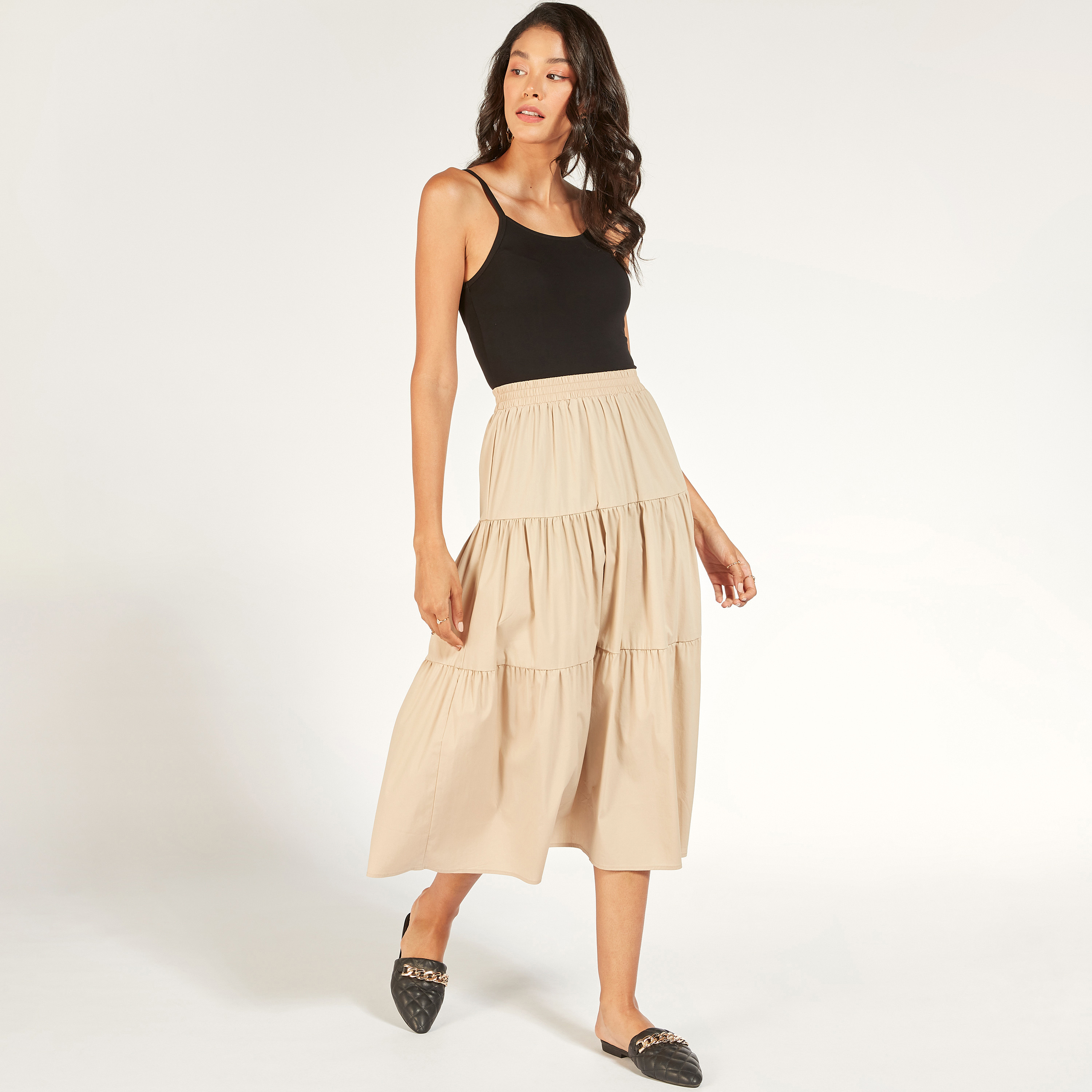 تنورة ميدي إيه لاين سادة متعددة الطبقات بخصر مطاطي-women-clothing-skirts-image-18