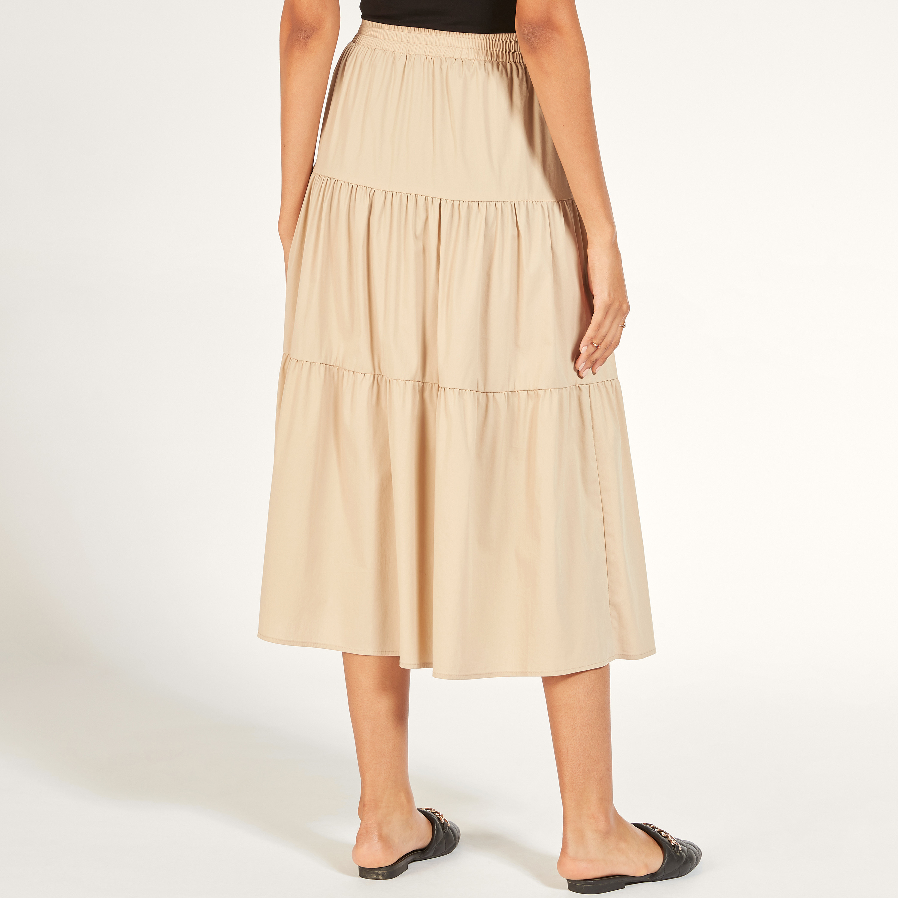 تنورة ميدي إيه لاين سادة متعددة الطبقات بخصر مطاطي-women-clothing-skirts-image-20