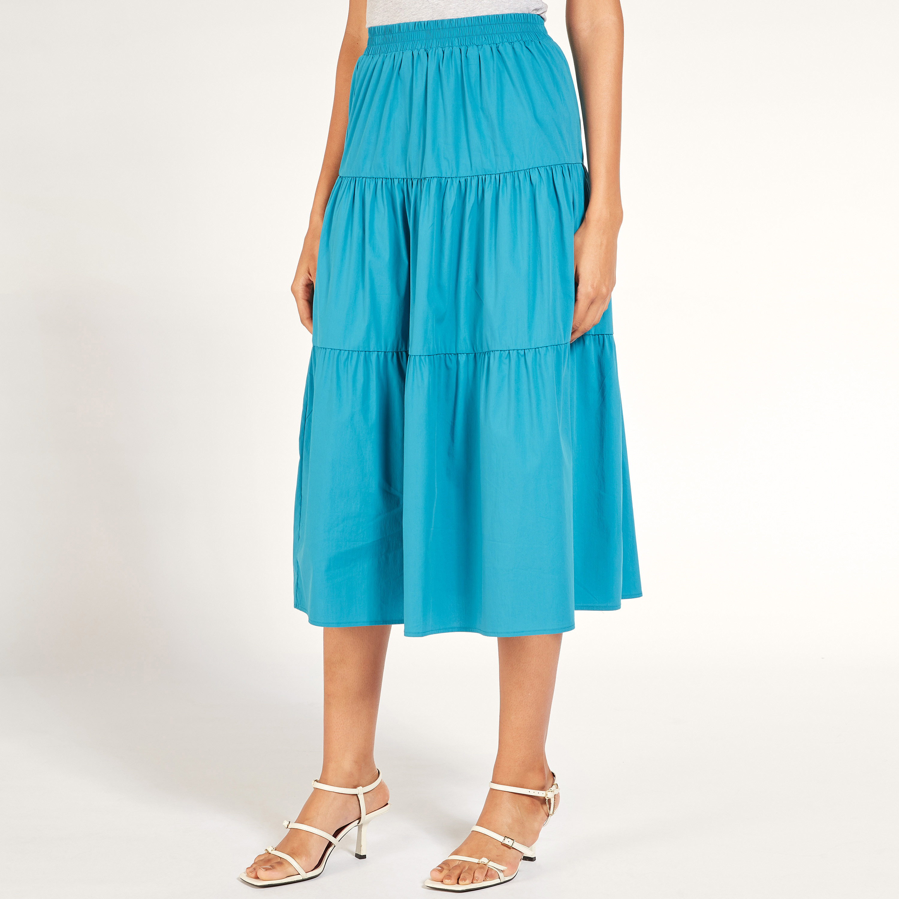 تنورة ميدي إيه لاين سادة متعددة الطبقات بخصر مطاطي-women-clothing-skirts-image-9