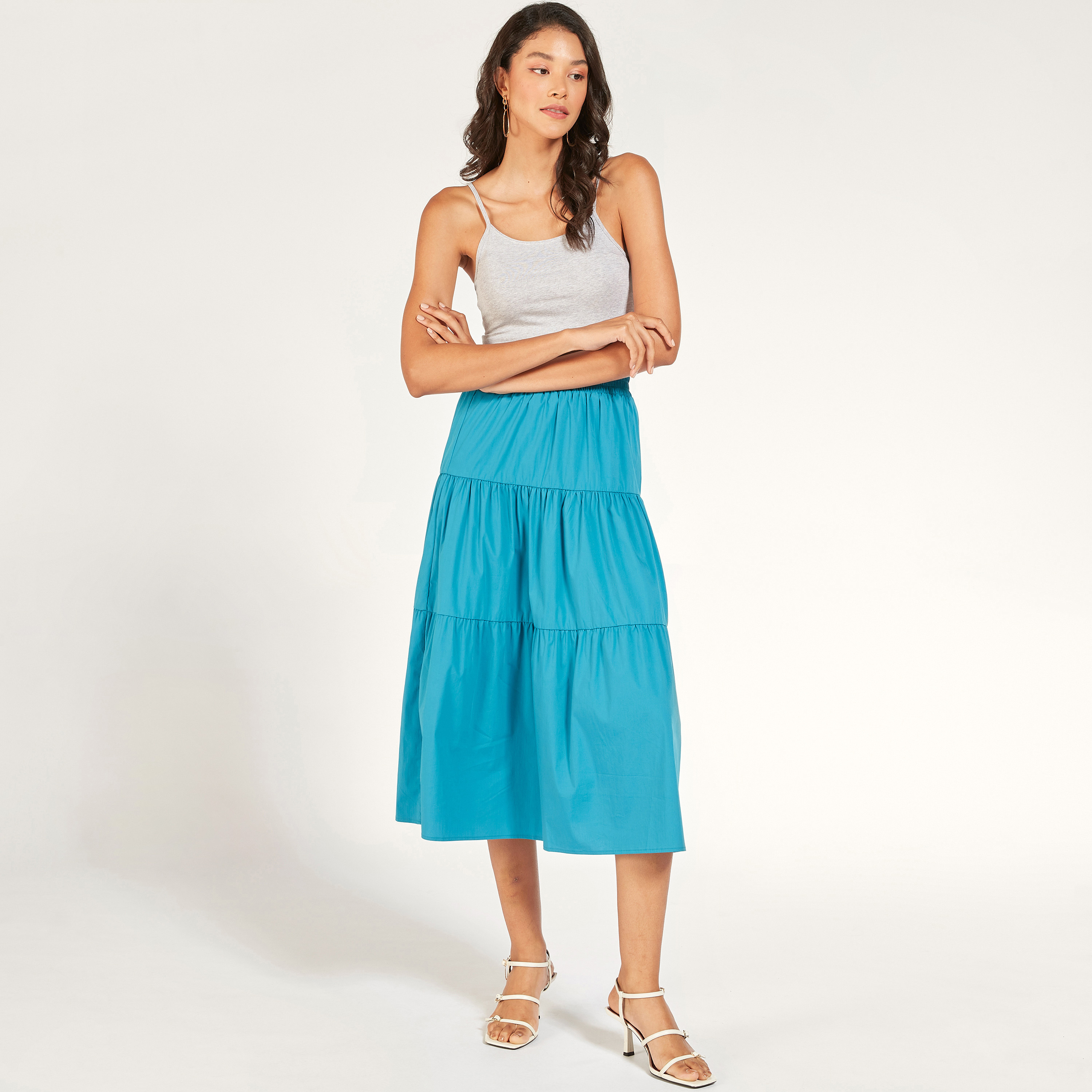 تنورة ميدي إيه لاين سادة متعددة الطبقات بخصر مطاطي-women-clothing-skirts-image-10