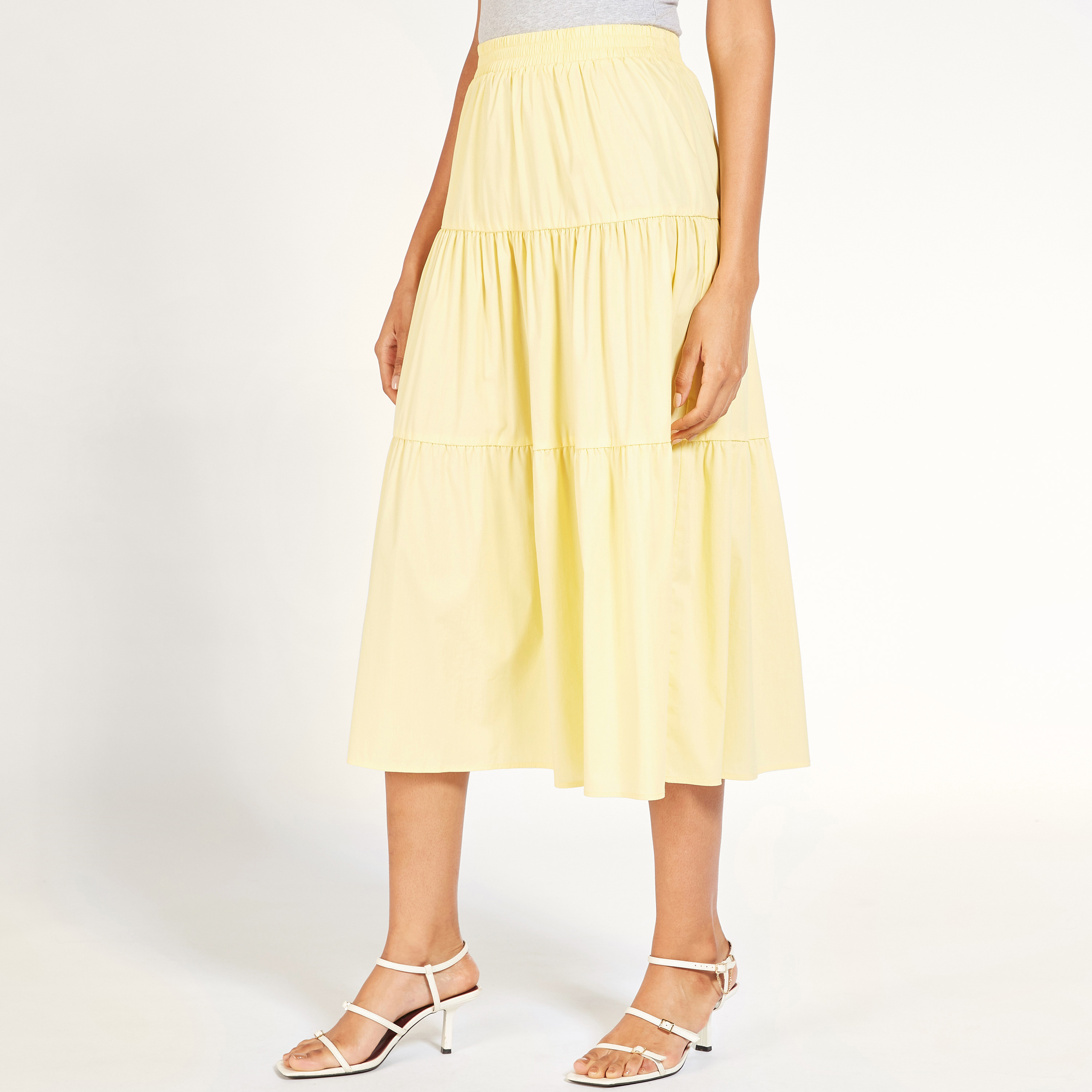 تنورة ميدي إيه لاين سادة متعددة الطبقات بخصر مطاطي-women-clothing-skirts-image-13