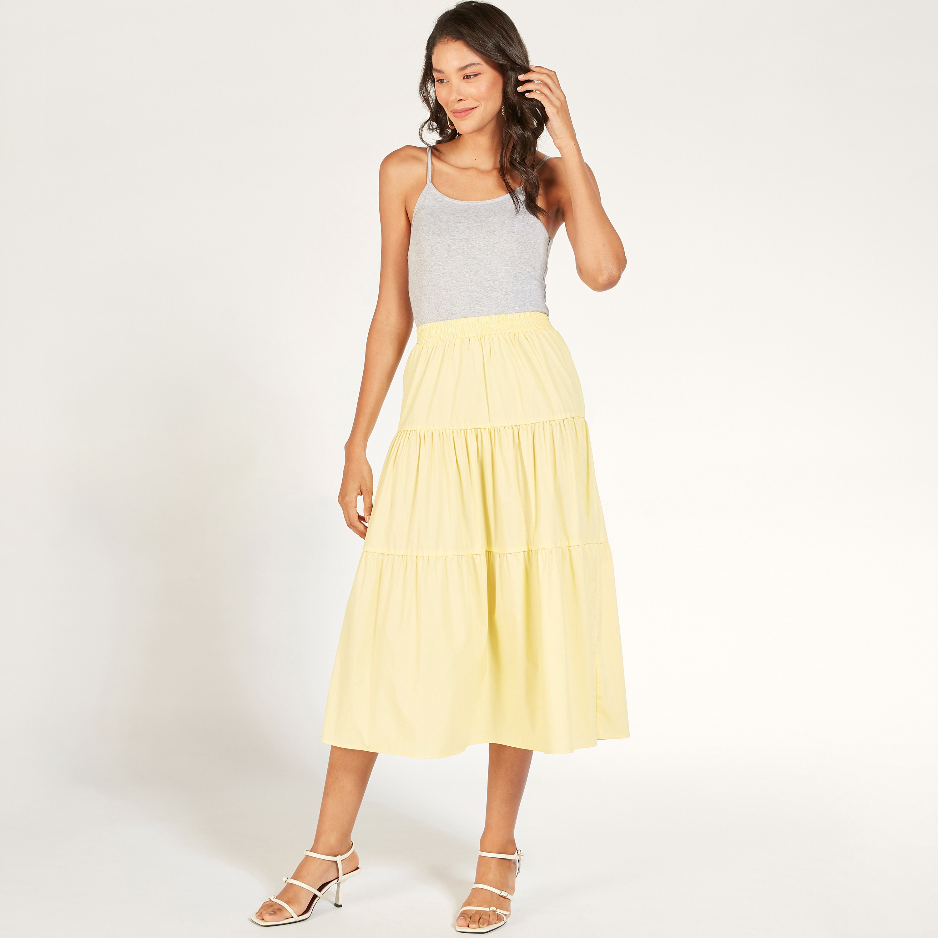 تنورة ميدي إيه لاين سادة متعددة الطبقات بخصر مطاطي-women-clothing-skirts-image-14