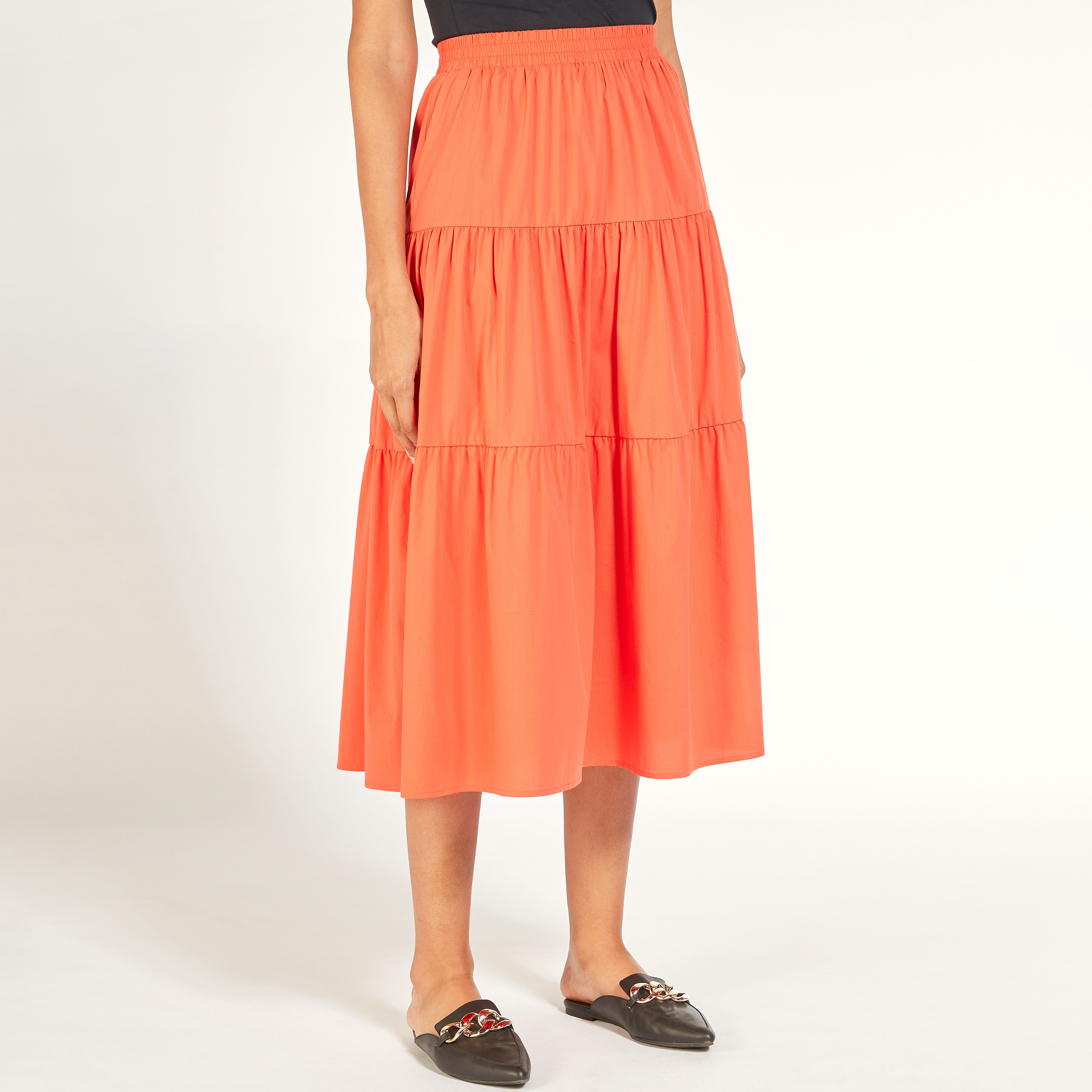 تنورة ميدي إيه لاين سادة متعددة الطبقات بخصر مطاطي-women-clothing-skirts-image-5