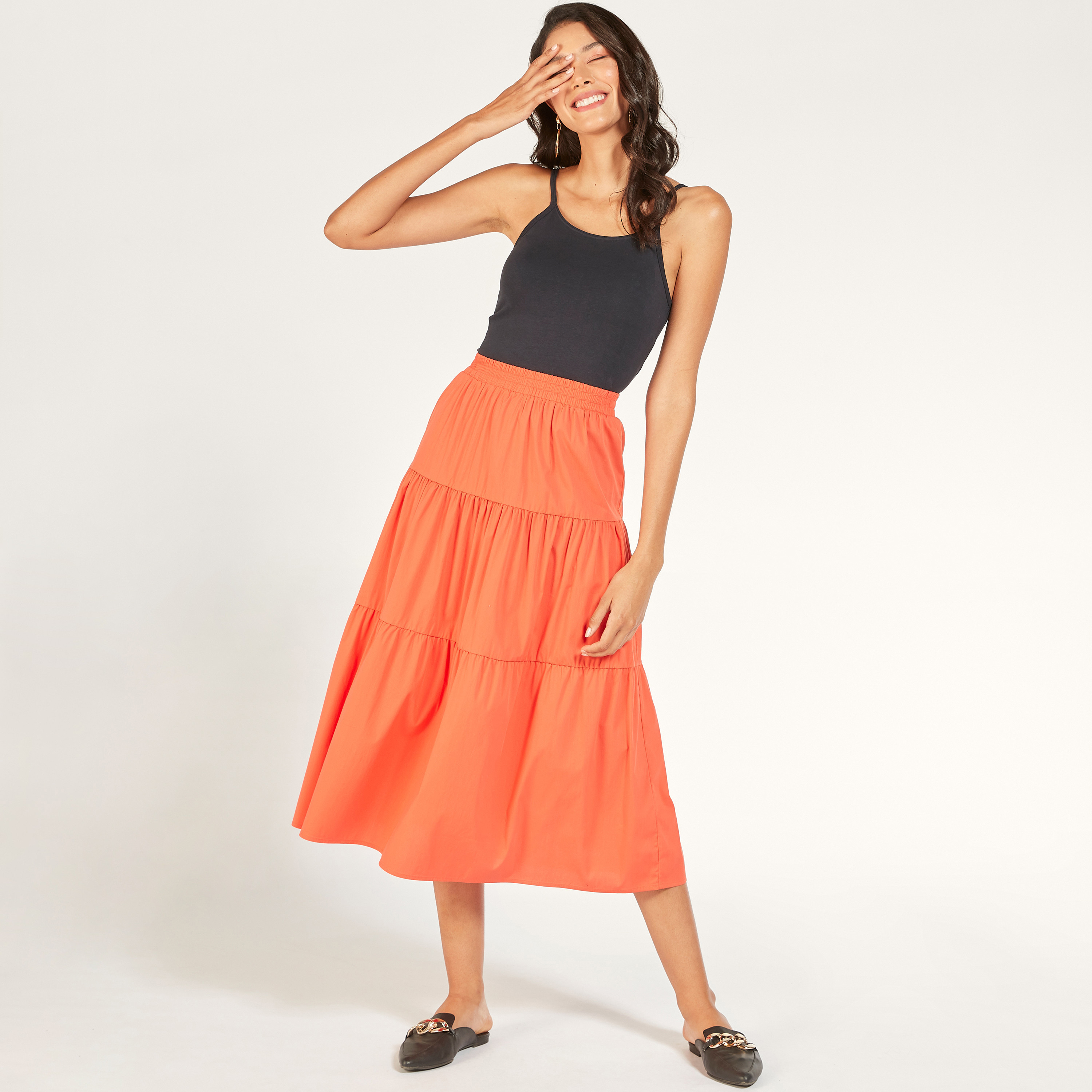 تنورة ميدي إيه لاين سادة متعددة الطبقات بخصر مطاطي-women-clothing-skirts-image-6