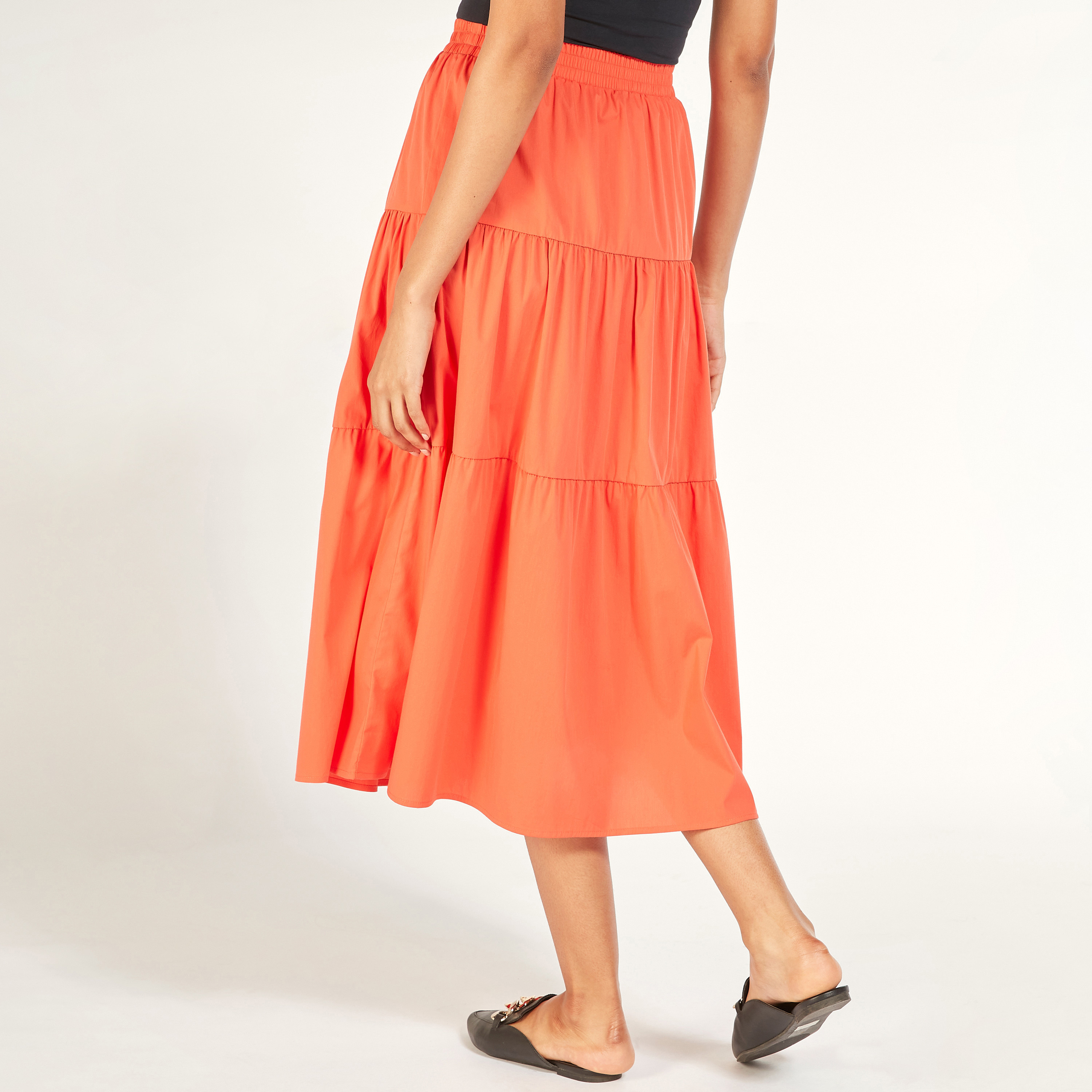 تنورة ميدي إيه لاين سادة متعددة الطبقات بخصر مطاطي-women-clothing-skirts-image-8