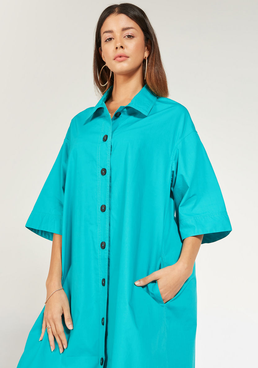 Solid Midi Shirt Dress with High-Low Hem and Flared Sleeves-Dresses-image-0