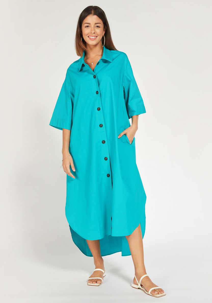 Solid Midi Shirt Dress with High-Low Hem and Flared Sleeves-Dresses-image-1